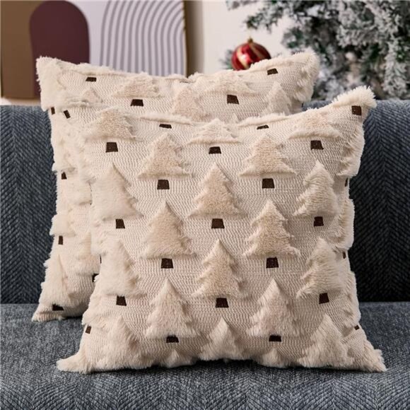 Christmas Pillow Covers Set of 2 18x18 Inch Soft Plush Xmas Tree Throw Decor - Picture 1 of 7